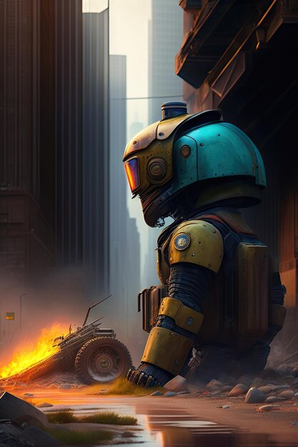 Two broken robots after the fight Postapocalyptic cityscape