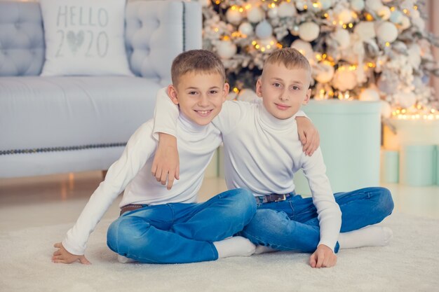 写真 二人の兄弟が抱きしめ、木の近くに座ります。クリスマスに笑っている子供たち。