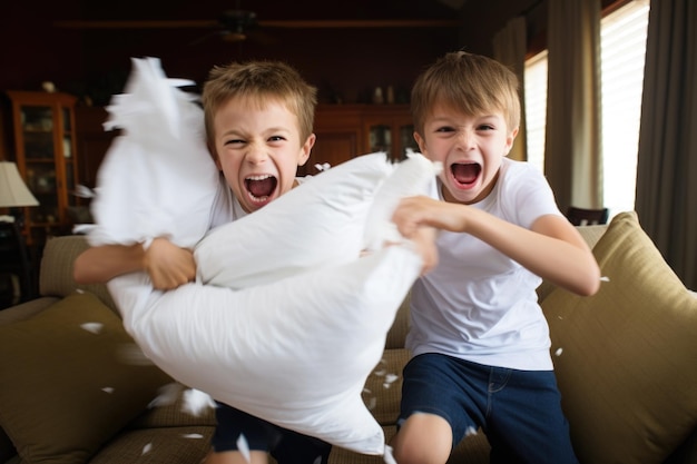 Photo two brothers in a pillow fight