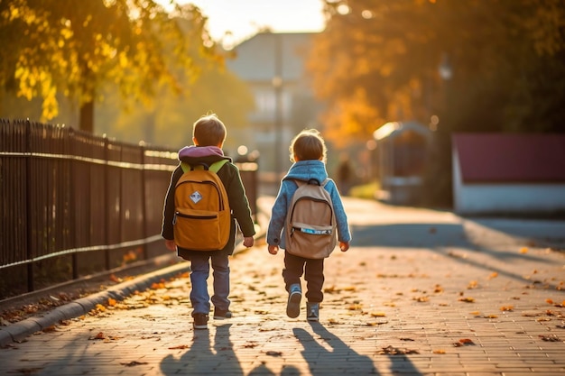 Two brothers walk together back to back on their safe route to their school in the morning