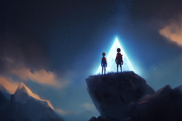 Photo two brothers walking on floating mountain and looking at a little star in the beautiful sky digital art style illustration painting fantasy concept of a brothers looking at the sky