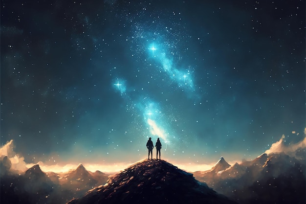 사진 두 형제가 떠다니는 산 위를 걷고 아름다운 하늘 디지털 아트 스타일 일러스트레이션에서 작은 별을 바라보며 하늘을 바라보는 형제의 판타지 개념을 그렸습니다.