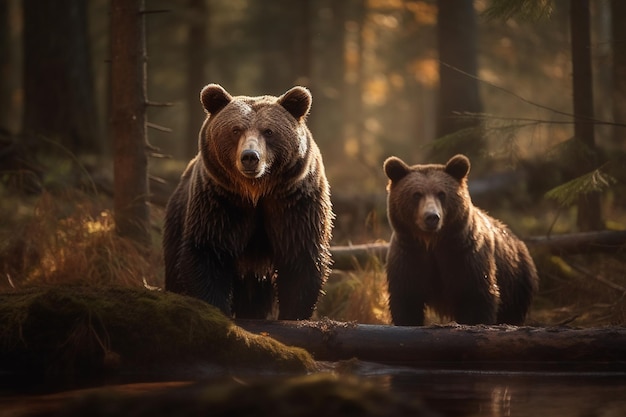 Two brown bears in the autumn forest Wildlife scene from nature