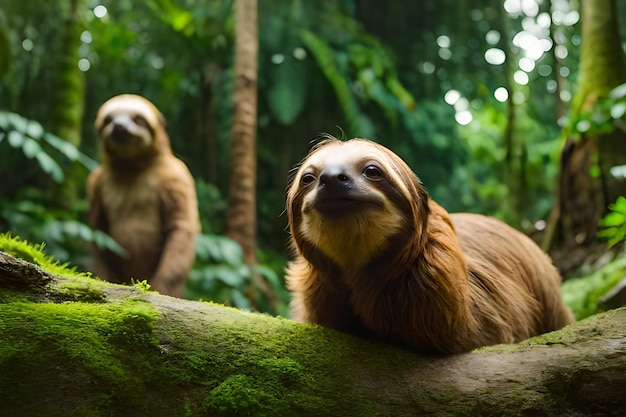 Two brown bears in the forest, one of which is a seal.