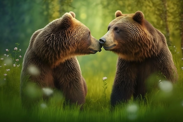 Photo two brown bears holding hands while frolicking in a sunny meadow