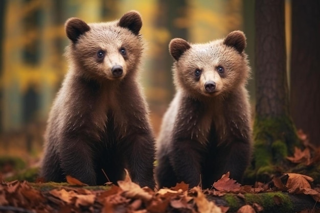 Два коричневых медведя, один из которых - детеныш, сидят в лесу.