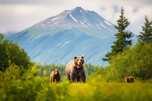 Two brown bears standing in grassy field with mountain in the background Generative AI