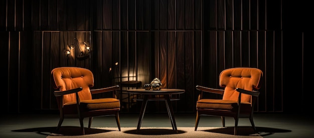 два коричневых стула и стол на темном фоне