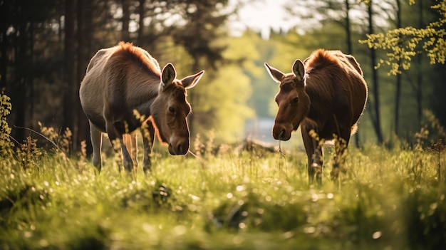 two brown cows standing in a field of grass