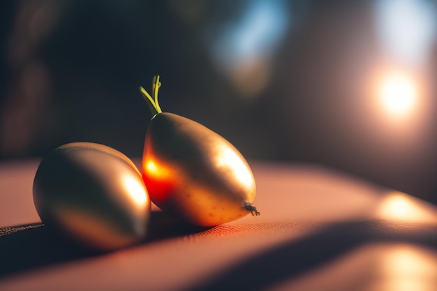 Two brown eggs with a small green plant on the top.