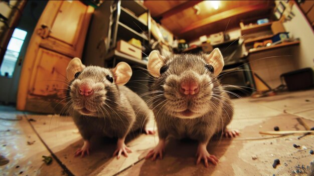 Photo two brown mice are sitting on top of a wooden floor