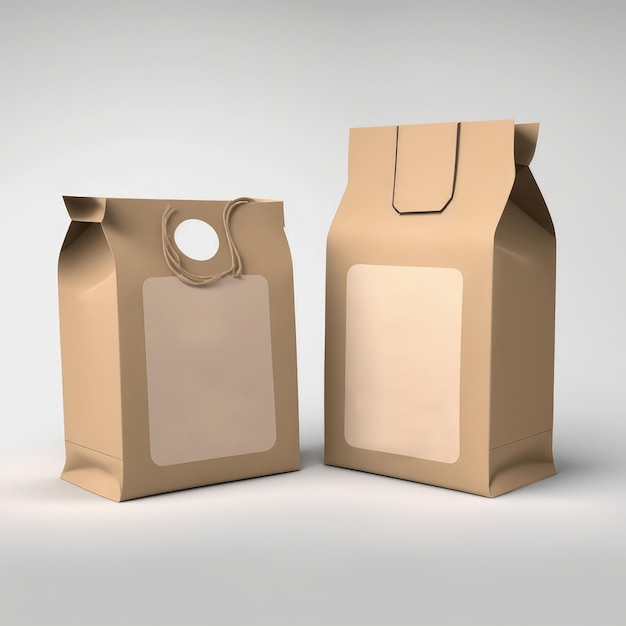 Photo two brown paper bags with labels mockup