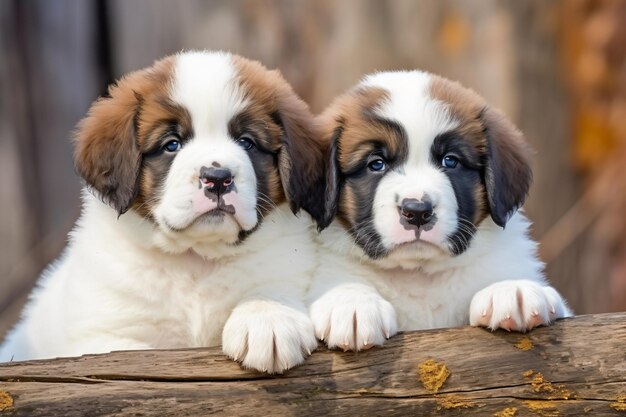 Photo two brown and white puppies sitting on a log