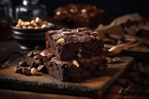 Two brownies with chocolate chips on a wooden board