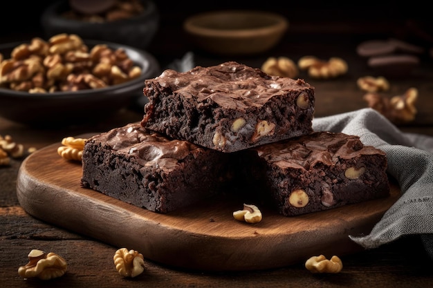 Two brownies on a wooden table with a bowl of nuts on the table.