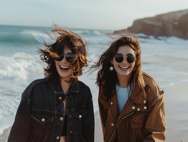 2人の茶色の友達が太陽眼鏡をかぶって海辺を歩き笑っています