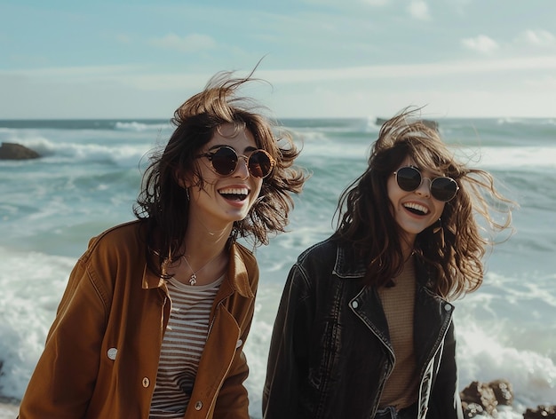 Фото Две брюнетки гуляют по берегу океана в солнцезащитных очках и смеются.
