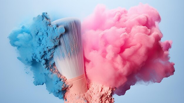 Two brushes with pink and blue makeup powder impact on blue background