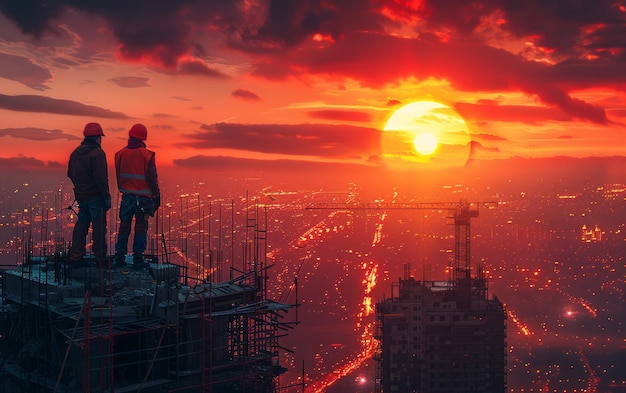 Two builders stand on the top of building under construction at sunset