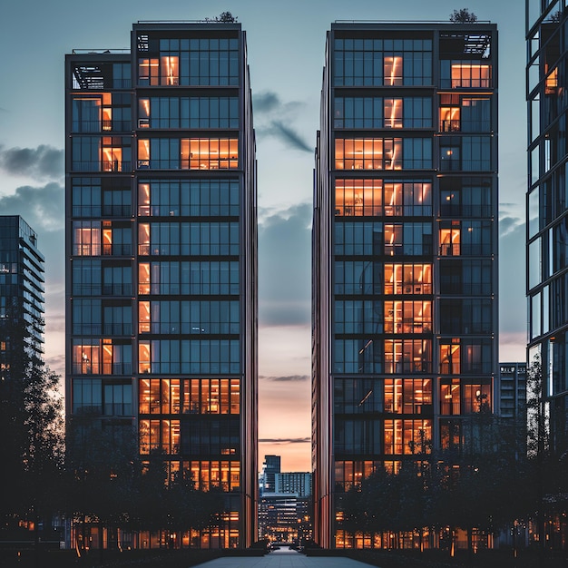 Two building at dusk with illuminated windows