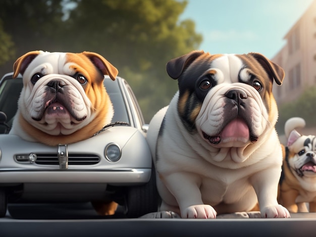 Two bulldogs sit in a car and look at the camera.