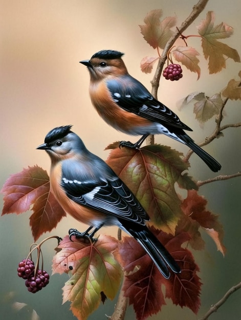 Two bullfinch birds sit on a rowan branch with yellow leaves AI generated AI generative AI generativ