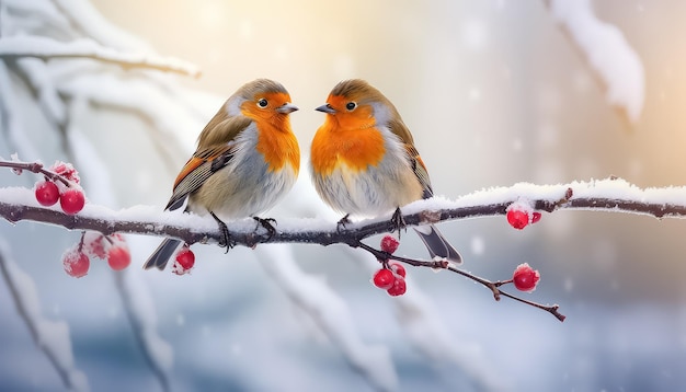 Two bullfinches sitting on a branch in winter