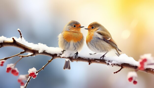 Two bullfinches sitting on a branch in winter