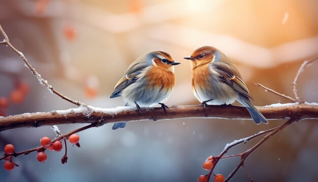 冬に枝に座っている2羽のウソ
