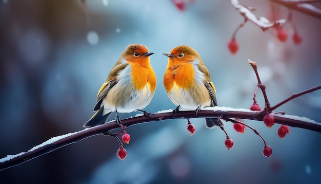 Two bullfinches sitting on a branch in winter