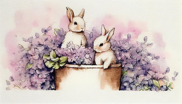 Two bunnies in a flower pot