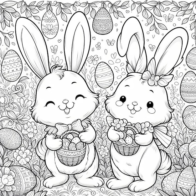 Photo two bunny rabbits are sitting in front of a wall with easter eggs