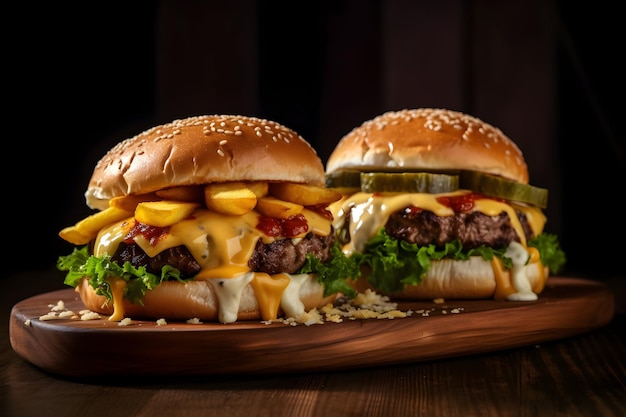 Two burgers on a plate with a black background