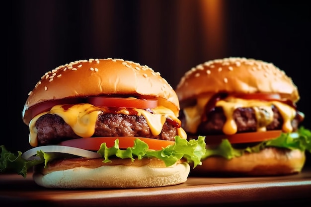 Two burgers on a table, one with the word cheese on it.