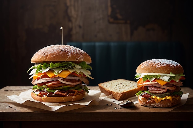 Two burgers on a table with a slice of bread