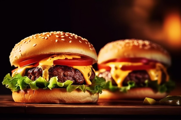 Two burgers on a table with a slice of tomato on top.