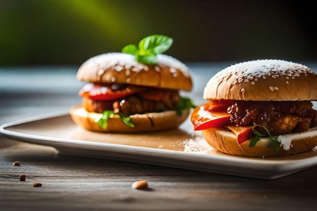 Two burgers with a green leaf on the top of them