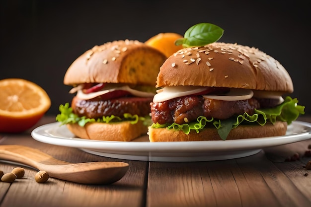 Two burgers with meat on a plate