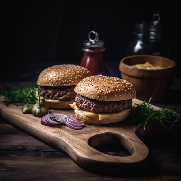 Two burgers on a wooden board with a bottle of ketchup behind them.