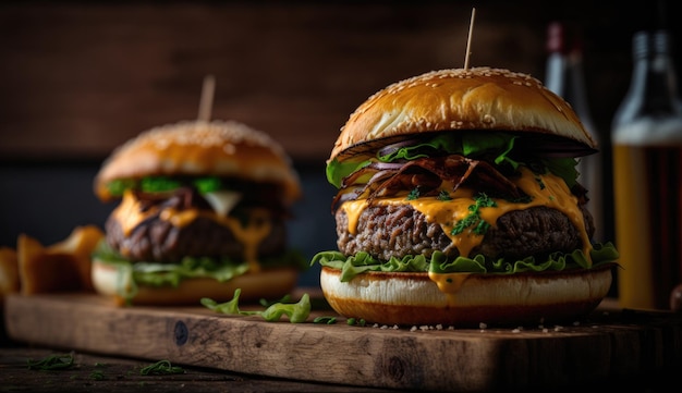 Two burgers on a wooden board with a green leaf on top