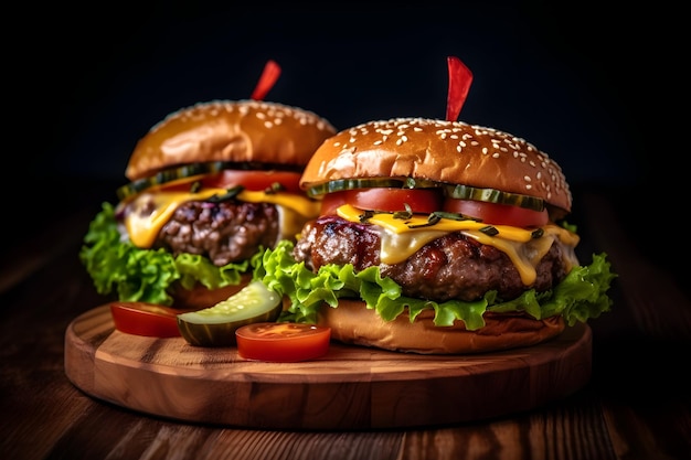 Two burgers on a wooden plate with a black background