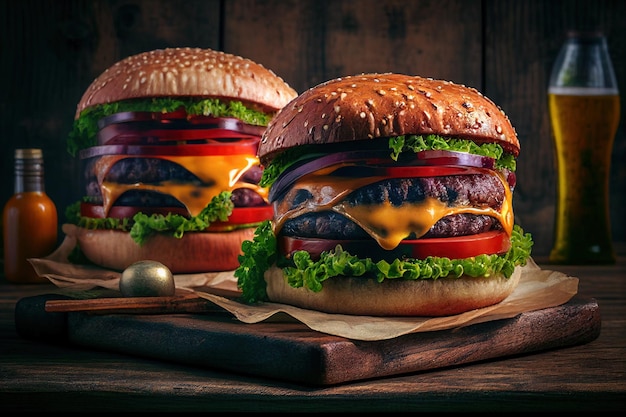 Two burgers on a wooden tray with a gold ball on the top.