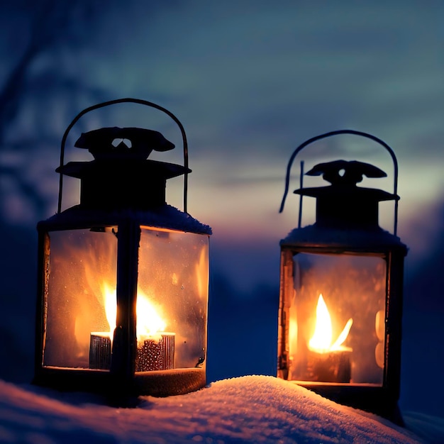 Два горящих фонаря в снегу в сумерках