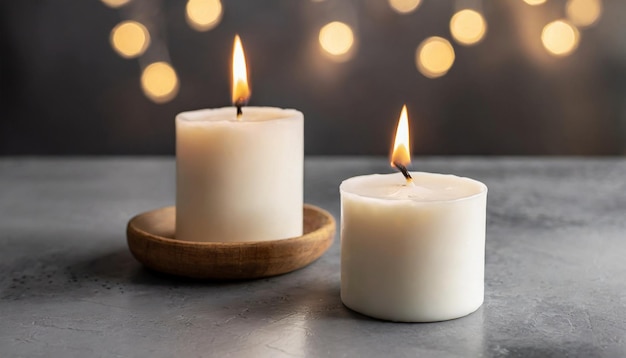 Two burning soy candles gray cement background