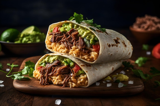 Two burritos on a wooden board with avocado and guacamole