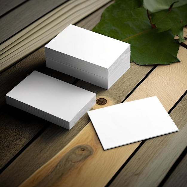 Two business cards on a wooden table with a leaf on it