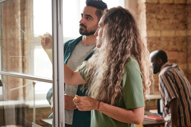 Two business colleagues drawing graphics together on glass wall and discussing it during presentation at office