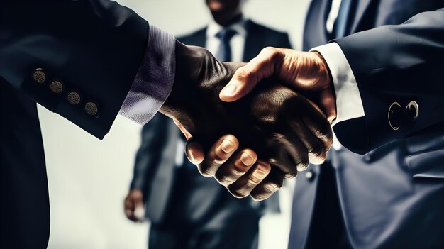 Two business executives shaking hands with determination