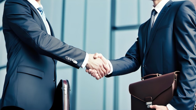 Two business executives shaking hands with determination