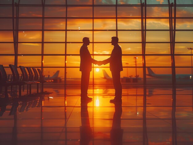 Two business men shaking hands in the airport lobby at sunset